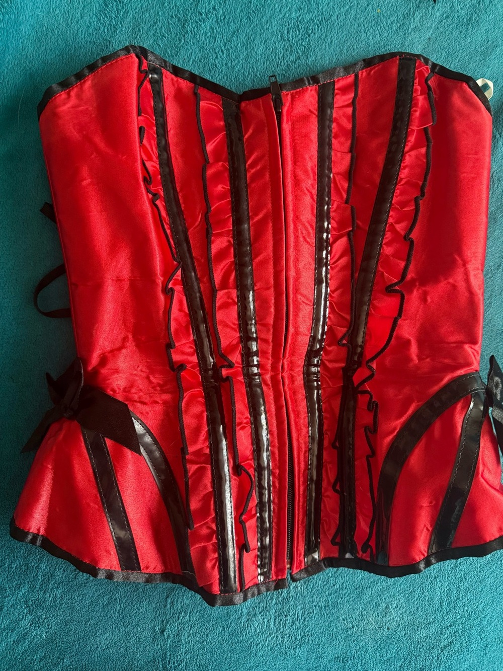 Leg Avenue Red Zip Up corset ruffles bows and black pu details lace up back